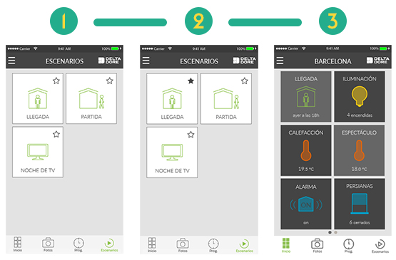 Descubre las etapas a seguir para añadir un escenario en tus favoritos. Tu escenario será accesible desde tu pantalla de inicio de la aplicación Tydom